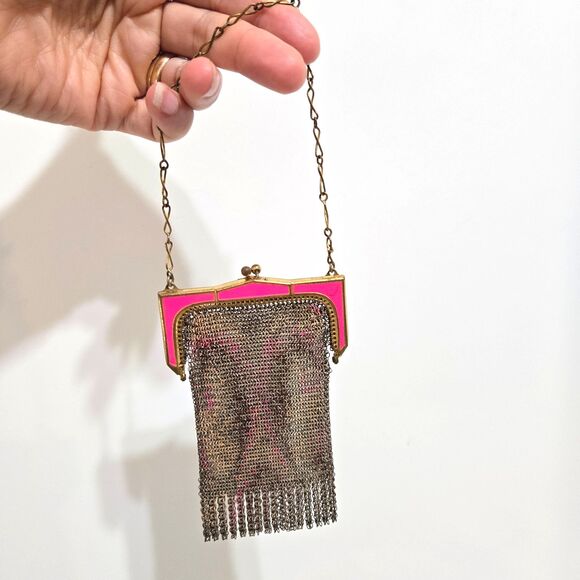 Vintage WHITING & DAVIS Pink Enameled Colorful Mesh Flapper Purse Tiny ~ READ - Picture 2 of 10